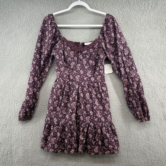 Altar’d State Floral Boho Cottagecore Mini Dress Purple Wine Long Sleeve Small - Picture 1 of 12
